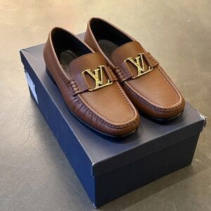 Louis Vuitton Montaigne Brown Leather Loafers with Gold Logo